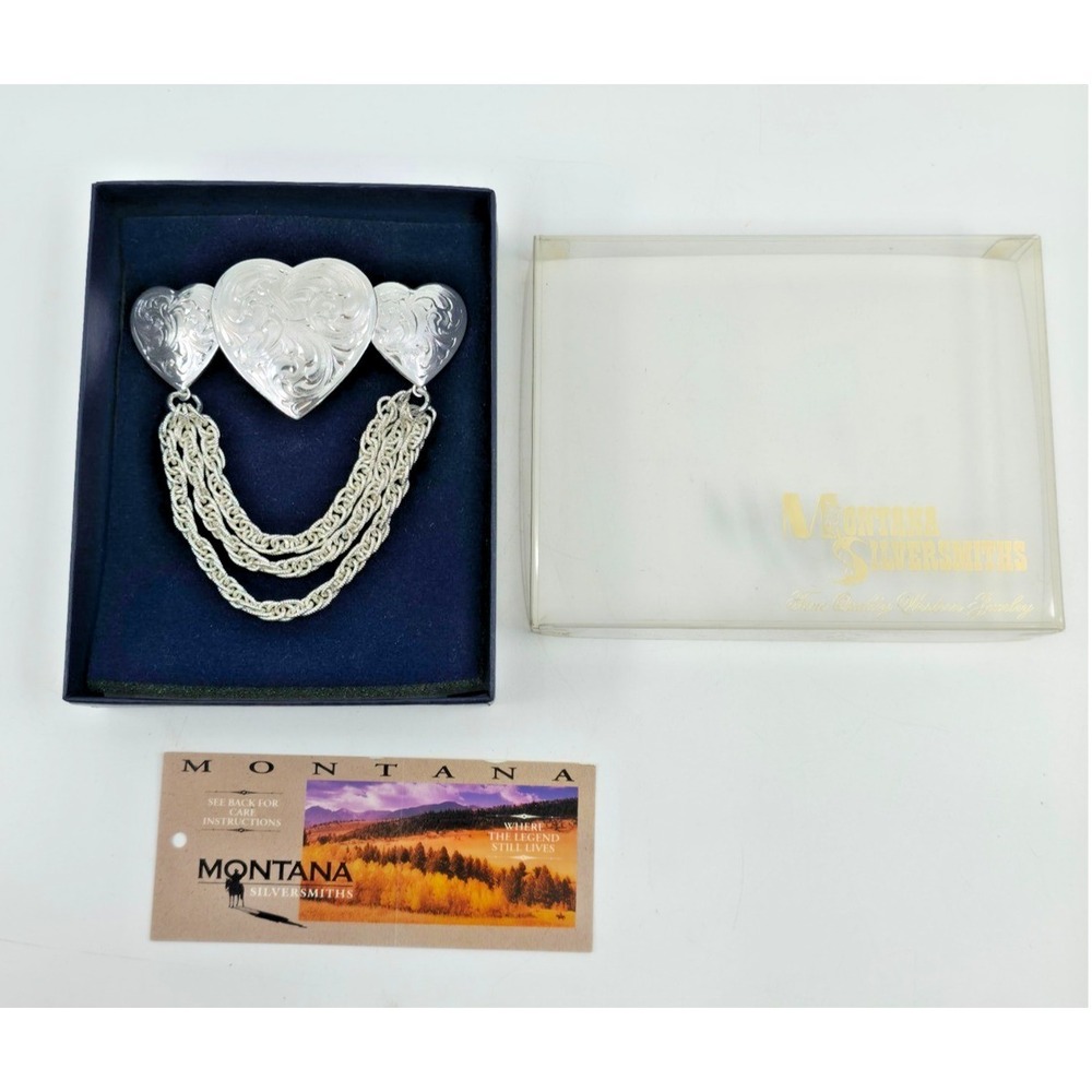 Montana Silversmiths Western Engraved Triple Heart Chain Brooch Silver Tone Pin‎